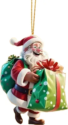 Produktbild von Weihnachtsschmuck aus Acryl: 2D-Weihnachtsmann auf Fahrrad, lustige Weihnachtsfigur mit Geschenkbox, ideal für Weihnachtsbaumschmuck, Auto- und Spiegeldekoration.