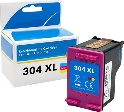 A refurbished HP 304XL ink cartridge and its packaging are shown against a white background.