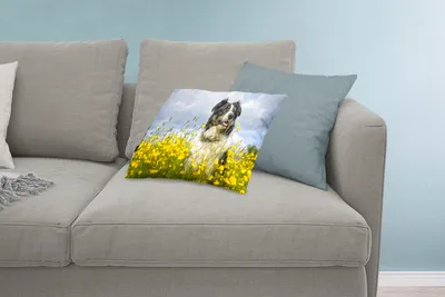 Produktbild von MuchoWow® Zierkissen Sofakissen Wohnzimmer Dekokissen 60x40 cm Ein Border Collie zwischen gelben Blumen - Kopfkissen - Polster mit Foto