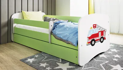 Obrázek produktu pro Dětská postel pro mládež hasičské auto 70x140, 80x160, 80x180 cm - kompletní sada s matrací, zásuvkou a ochranou proti pádu