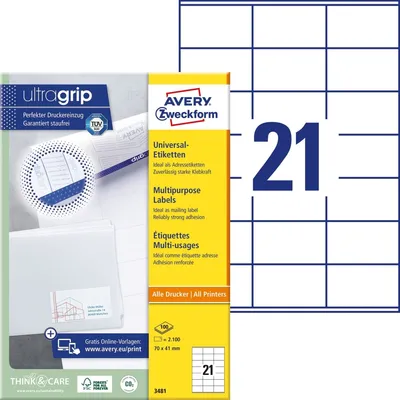 Produktbild von Avery Zweckform - Etikett Zweckform 3481 70x41mm weiß 2100 Stück