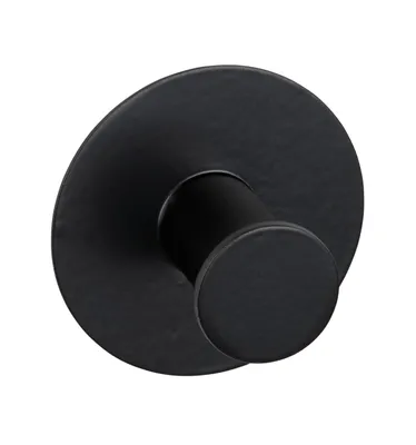 A black wall hook is shown against a white background.