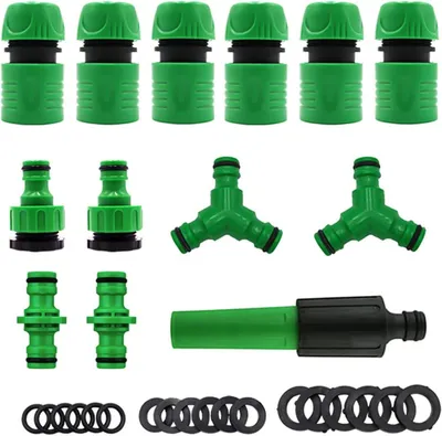 Produktbild von Gartenschlauch-Anschlussset, Gartenschlauchverbindung (2 Doppelstecker-Schlauchverbinder, 6 Schlauch-Schnellverbinder, 2 Wasserhahnverbinder für Wasserhähne mit Gewinde)