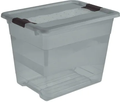 A clear, professional studio shot of a transparent storage box with a lid.