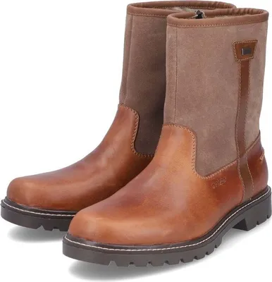 A pair of brown leather and suede boots.
