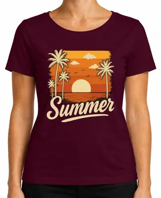 Imagen del producto de Camiseta de mujer, estilo retro vintage, con motivos de palmeras, puesta de sol de verano, playa, mar. Color burdeos, talla M