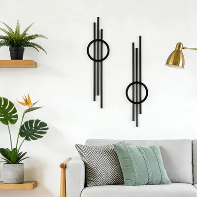2er-Set abstrakte Metall-Wandskulptur, schwarz, 43x11 cm