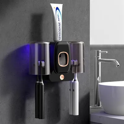 Produktbild von UV-Zahnbürsten-Desinfektionsmittel, Badezimmer-Zahnbürstenhalter Wandmontage, mit Sterilisatorventilator, Trocknungsfunktion, Zahnbürstenreiniger, Sterilisator, intelligenter Schwarz