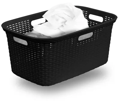 Produktbild von Novaliv Rattan Wäschekorb mit 4 Griffen 40L Schwarz, Wäschebox Set Wäscheeimer Wäschebehälter für Bad Wäsche Schmutzwäsche, Wäschekörbe Organizer Haushalt Zubehör Wäschetonne Sammler