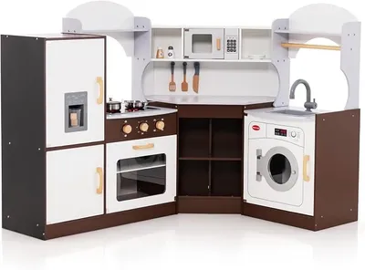 Imagen del producto de Cocina de juguete de madera, cocina para juegos de rol para niños, con máquina de helados, microondas, estufa, horno, fregadero y lavadora. Cocina infantil con luces y sonidos, apta para niños a partir de 3 años