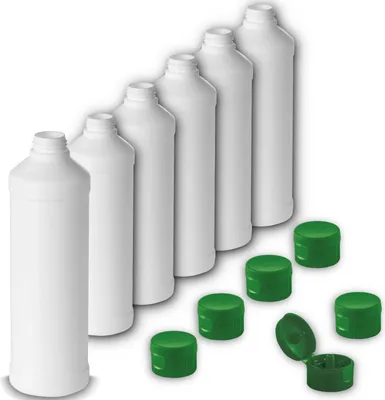 Produktbild von 6x 500 ml Rundflaschen HDPE weiß RD 28 zylindrisch + 6x Verschluss für Kunststoffflaschen 28 Klappschanierverschluss gerader Auslauf 3mm Grün