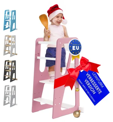Produktbild von Lernturm ab 1 Jahr mit Anti-Kipp-Schutz – Höhenverstellbarer Montessori Learning Tower aus Massivholz – Bis zu 50kg belastbar – Für Kinder, für Küche, Tisch und Bad – MEBLE WRÓBEL®