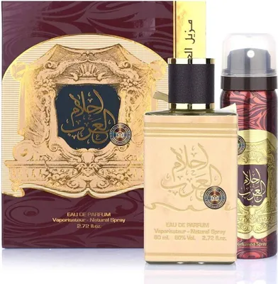 A perfume bottle and a deodorant spray are displayed in front of their packaging.