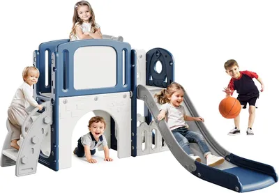 Zdjęcie produktu dla Zjeżdżalnia dla dzieci 8w1, Domek z tunelem, Kosz do koszykówki, Schody, Teleskop, Kryjówka, Plac zabaw do domu i ogrodu