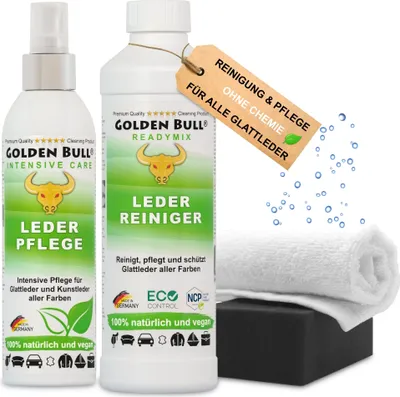 Produktbild von Golden Bull® Lederreiniger & Lederpflege Set - Leder Reiniger 500ml, Pflegemittel 250ml, Schwamm, Tuch für Reinigung & Pflege von Ledercouch Auto Sofa