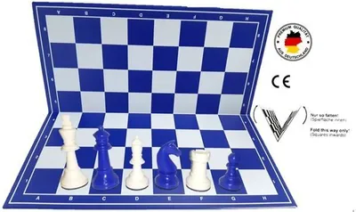 Produktbild von Schachset "Profi" mit Schachbrett und Schachfiguren KH 93 mm, weiss-blau, Staunton Form, mit Filzsockel