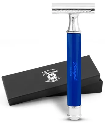 Produktbild von Zweischneidiger Rasierhobel für Damen und Herren, Metallgriff, blau Pack, Rasierer für ein erstklassiges Rasurerlebnis mit zwei Ersatzklingen