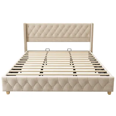 Produktbild von okwish Polsterbett Doppelbett 180×200cm mit Lattenrost und Kopfteil, Knopfpolsterung, Nietenpolsterung, Samt, Hellbeige,Ohne Matratze