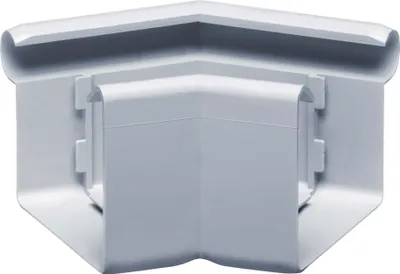 A white PVC gutter corner piece is shown against a white background.