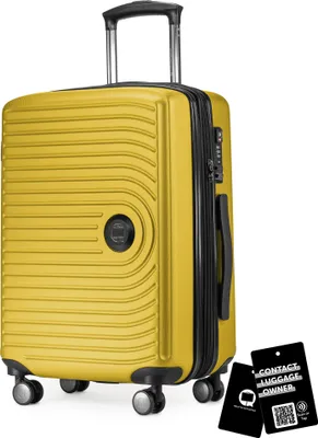 Produktbild von Mitte - Handgepäck-Koffer + digitaler Gepäckanhänger Kofferschild, Kabinentrolley XL-Erweiterung Bordgepäck Hardcase Handkoffer Flugzeug Carry-On 55 L TSA,Gelb