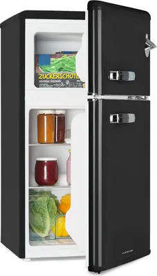Produktbild von Klarstein Irene - Kühl-/Gefrierkombination , Retro-Kühlschrank , 61-Liter-Kühlschrank , 25-Liter-Gefrierschrank , 40 dB leise , 2 Kühlstufen , 2 Türablagen , für kleine Familien und Singles , Schwarz