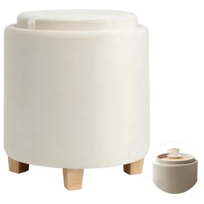 Produktbild von Runder Sitzhocker mit Stauraum, Samt Polsterhocker mit Holzbeinen, multifunktional als Schminkhocker, Fußhocker und Couchtisch, Beige, φ36x45cm