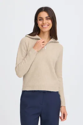 Image de OXMO OXBMMOLARA - Pull à demi-fermeture éclair pour femmes, pull en maille fine, modèle col tunisien, coupe classique