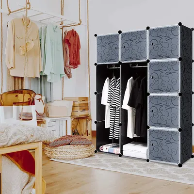 Zdjęcie produktu dla YARDIN DIY szafa plastikowa wielofunkcyjny system półek do szafy, półka do przechowywania regał pyłoszczelny z drzwiami, 12 półek (140x105x35cm czarny z wzorem)