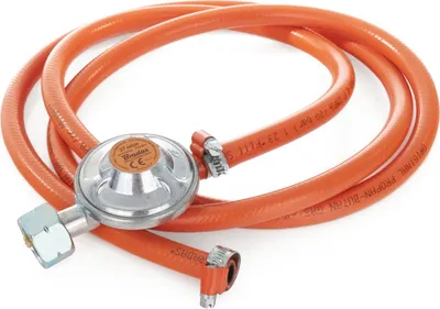 Produktbild von TRIZERATOP Gasflaschenregler Set mit Gasschlauch, einstufig, 2m, 10mm, 37mbar Niederdruck, 1.5kg/h, 1-16 bar Eingang, für 11kg Propan Gasflaschen und Gasgrill, inkl. Reduzierstück, EN 16129, BS 3212:1991/2