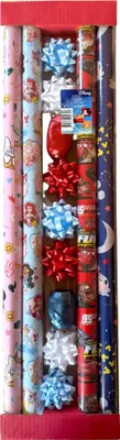 Produktbild von Disney Geschenkpapier-Set für Kinder – Cars, Mickey & Minnie Maus, Prinzessinnen & Daisy Duck – 4 Rollen Geschenkpapier mit Schleifen und Bändern – Komplettes Verpackungsset