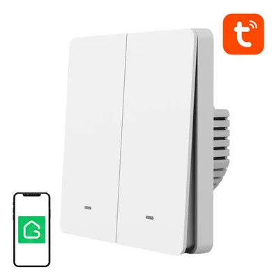 A smart light switch with two buttons and a smartphone displaying a smart home app icon.