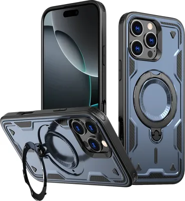 Produktbild von Dual Layer Hülle für iPhone 16 Pro Max Metall Ring Ständer Magnetisch Stoßfest Militär Handyhülle Blau