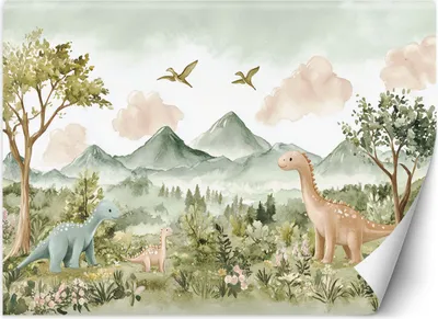 Zdjęcie produktu dla Fototapeta filzelinowa dziecięca Wesołe Dinozaury Pejzaż górski 350x245 cm Feeby Zielony klej w zestawie  łatwa w montażu