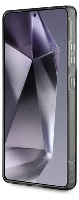 A smartphone in a clear protective case, shown from a side angle.