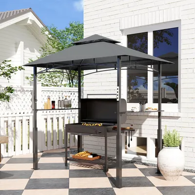 Produktbild von Grillpavillon mit LED-Licht, Gartengrillzelt doppelschichtig, Metall, Dunkelgrau | 243x148x248 cm | 8 Haken, 2 Ablagen
