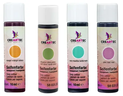 Produktbild von CREARTEC Seifenfarben Transparent 4er Set (Orange, Oliv, Mint, Rosé) 40ml - Inhalt jeweils 10ml - zum Herstellen farbiger Seifen