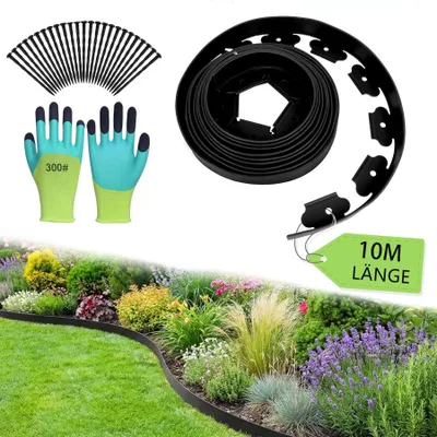 Image de Bordure de pelouse souple en plastique noir, 5 cm de haut, 10 m de long, avec 60 piquets de fixation et une paire de gants, pour le jardin, la pelouse, les parterres de fleurs, les surfaces en pierre et en gravier.