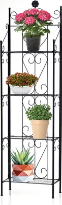 Image de Étagère à fleurs en métal Tablettes Tabouret à fleurs Étagère pour plantes Étagère de jardin Pliable Porte-fleurs, 4 tablettes