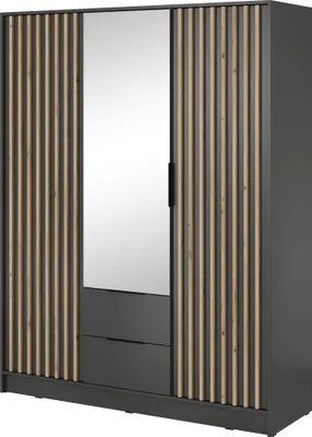 A three-door wardrobe with a mirror and wooden slats.