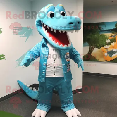 Produktbild von Himmelblaues REDBROKOLY Krokodil Maskottchen kostüm bekleidet mit Boardshorts und Anstecknadeln