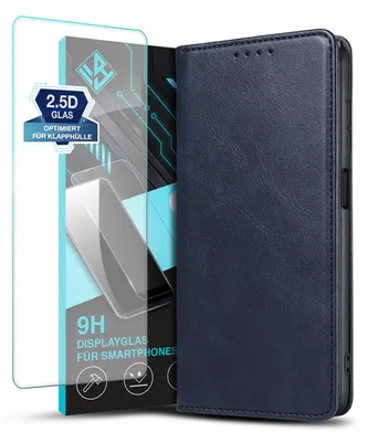 Produktbild von Handyhülle für Samsung Galaxy A25 5G mit 9H Displayglas Kunstleder Flip Cover Hülle Klapphülle Case Kartenfach Farbe: Blau