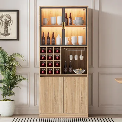 Imagen del producto de Armario de baño con puertas de cristal, de 80x40x180 cm, tipo vitrina con iluminación LED y estantes abiertos fabricados en MDF de color natural