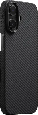 A black carbon fiber phone case with a dual camera cutout is shown from a side angle against a white background.