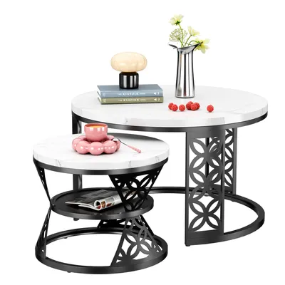 Produktbild von STILVORA Couchtisch Set 2-telig. rund. Weib Marmoroptik, Wohnzimmertisch mit Marmormuster und Bodenschutz. moderer Beisteltisch,Satztisch,Kaffeetisch