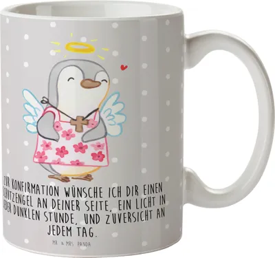 Produktbild von Mr. & Mrs. Panda Teetasse Pinguin Konfirmation - Grau Pastell - Geschenk, Kaffeebecher, Zuversicht, Vertrauen, Pott, Becher, Kaffeetasse, Kommunion, Schutzengel, Tasse