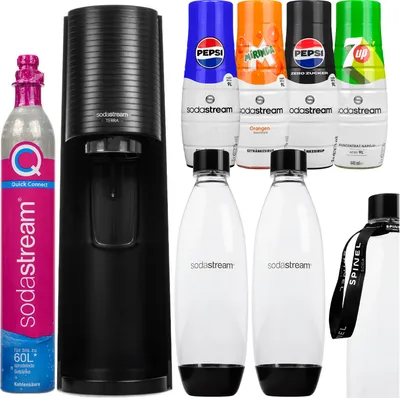 Zdjęcie produktu dla Ekspres do wody gazowanej SodaStream Terra Black 2 butelki z syropem Zestaw QuickConnect