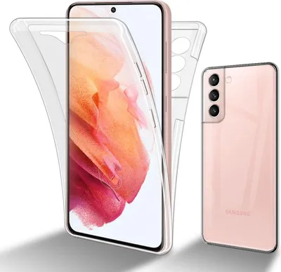A clear phone case is shown in front of a pink phone.