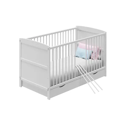 Produktbild von Babybett 60x120 umbaubar mit Schublade, Gitterbett, Kinderbett, höhenverstellbar & herausnehmbare Sprossen | weitere Größen: 70x140cm | 60x120cm: von Geburt bis 3. Lebensjahr, Weiß​