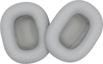 Two gray ear pads for headphones are shown against a white background.