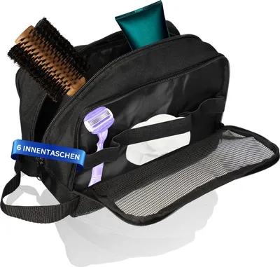 Produktbild von Kulturbeutel zum Aufhängen 'Travel' - Kulturtasche für Damen und Herren - Travel bag mit 8 Netzfächern für unterwegs - Kulturtasche mit Tragehenkel schwarz